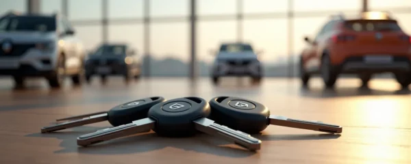 Vue d'ensemble conceptuelle de différents modèles Renault d'occasion avec des clés de voiture au premier plan