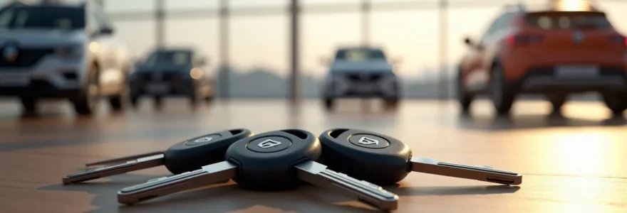 Vue d'ensemble conceptuelle de différents modèles Renault d'occasion avec des clés de voiture au premier plan