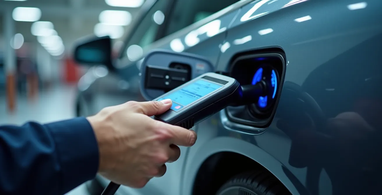 Gros plan sur des mains d'expert examinant un tableau de bord numérique affichant des indicateurs de santé de batterie