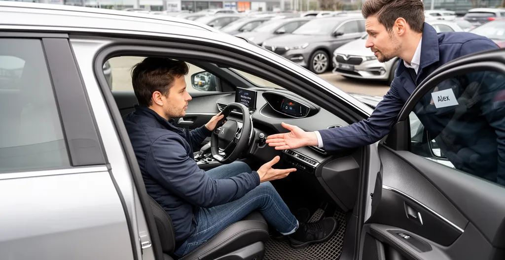 Client installé au volant d'un SUV Peugeot avant un essai