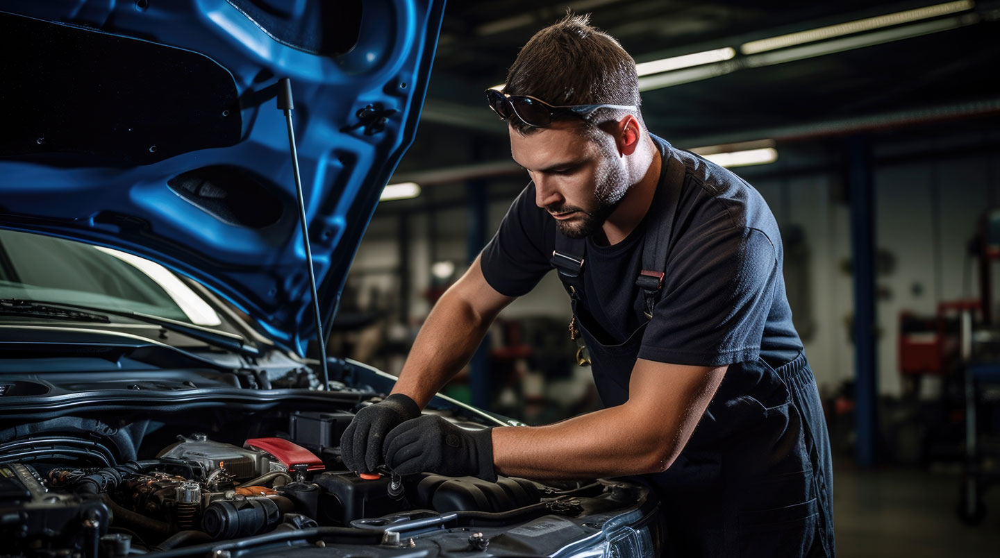 Technicien automobile effectuant un contrôle rigoureux d'un véhicule d'occasion avant une vente aux enchères dans un atelier professionnel