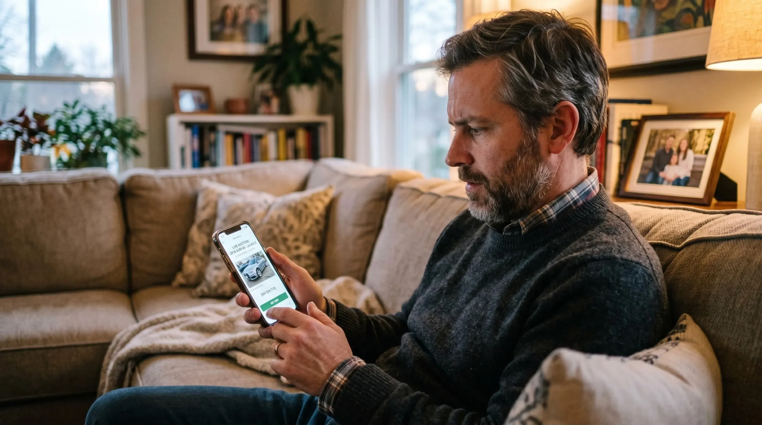 Un particulier assis dans son salon encherissant sur une voiture d'occasion via son smartphone lors d'une vente en direct