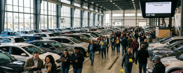 Vue d'ensemble d'une salle de vente aux enchères de voitures d'occasion avec des acheteurs attentifs et des véhicules exposés