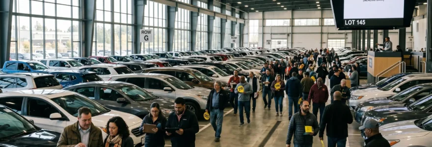 Vue d'ensemble d'une salle de vente aux enchères de voitures d'occasion avec des acheteurs attentifs et des véhicules exposés