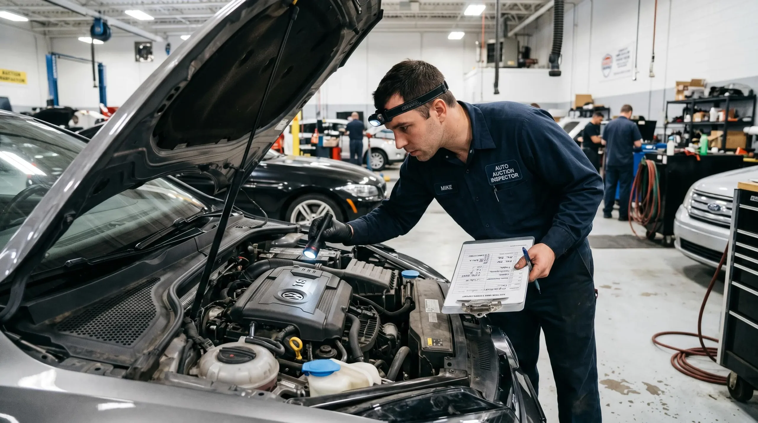 Technicien automobile effectuant un contrôle rigoureux d'un véhicule d'occasion avant une vente aux enchères dans un atelier professionnel